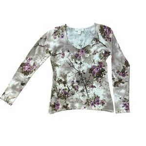 Long Sleeve Pure Cashmere Floral V-Neck Light Weight Sweater Top Size Small